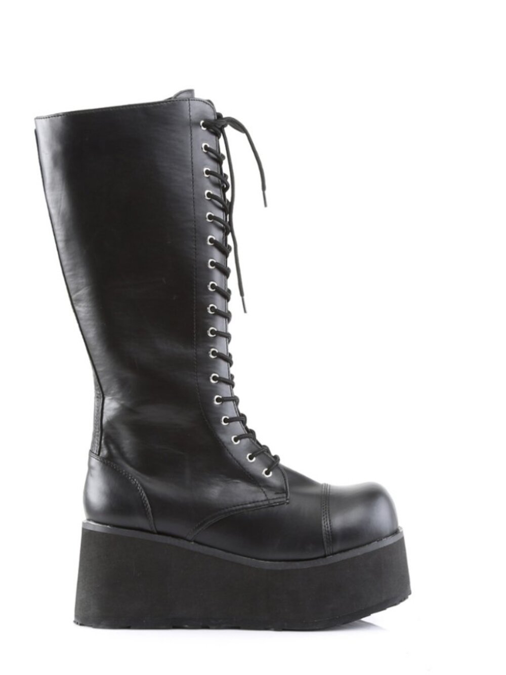 Black Vegan Leather Platform Lace-Up Knee High Boots with Buckle Straps